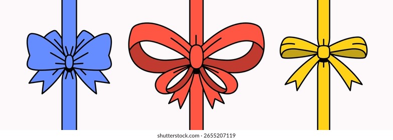 Conjunto de tres lazos de cinta dibujados a mano en rojo, azul y amarillo. Ilustración vectorial decorativa en un estilo de dibujos animados plano, perfecto para diseños de envoltura de regalos