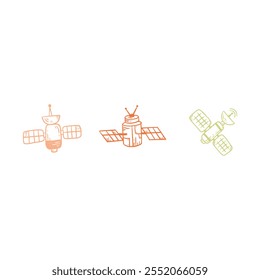Set of three hand-drawn satellite illustrations with solar panels, designed in a minimalist style and light pastel colors.