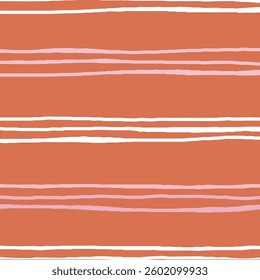 Set of three hand-drawn stripe patterns, vertical and horizontal linework, soft texture, warm colors, imperfect rhythm, editable vector tiles for packaging, textile, print, and web
