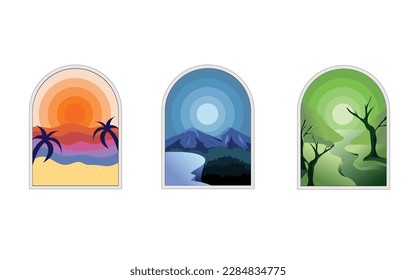 Set of three hand-drawn, trendy nature vector illustrations. Mountain, hill, sea, beach, swamp, forest, palm tree, sun, plants, moon For background, home decoration, etc