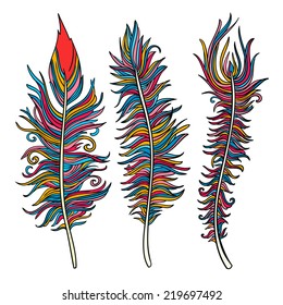 Set of three hand-drawn vector feathers