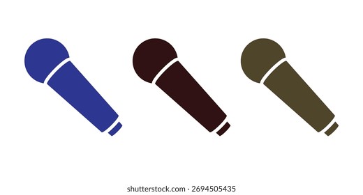 Set of three handheld dynamic microphone icons in a simple, flat silhouette style for singing, broadcasting, or podcasting.