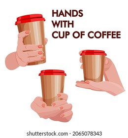 set of three hands with cup of coffee. Holding gesture. Isolated colorfull decoration elements for  design on white background. For stickers, card, poster