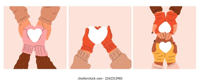  Set of three Hands in mittens hold a heart made of snow. Love, Valentine's Day.