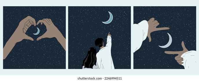 Set of three Hands show heart on moonlit night. Romantic vector illustration with hand gesture silhouette on starry background. Moon in starry sky	