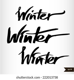 Set of three handwritten calligraphic black watercolor Winter