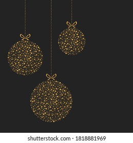 Set of three hanging Christmas ornaments. Vector illustration. Greeting card with gold christmas ornaments drawing by dots.