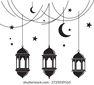 Set of three hanging lanterns with crescent moon and star decorations on white background vector