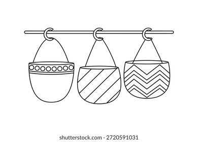 Conjunto de tres jardineras colgantes ilustración de contorno de Vector. Macetas decorativas con diferentes patrones para plantas de interior.
