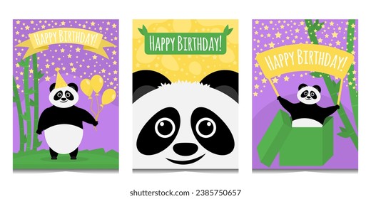 Set of three happy birthday cards with panda.Charming postcards with cute black and white bear,bamboo,balloons,stars and greeting ribbons.Flat cartoon illustration.Panda's birthday. Isolated on white.