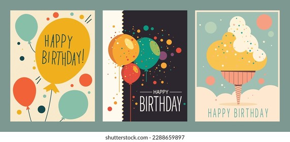 Set of three Happy Birthday Greeting Cards. Vector illustration isolated on a neutral background. Minimalist design