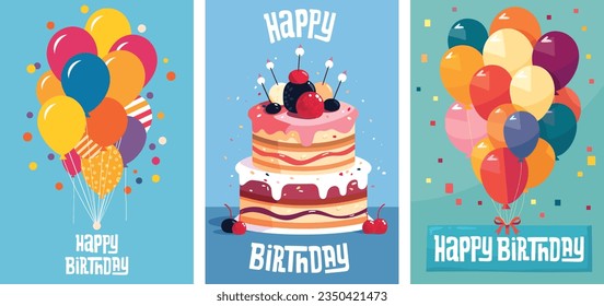 Set of three Happy Birthday Greeting Cards. Vector illustration isolated on a neutral background. Minimalist design