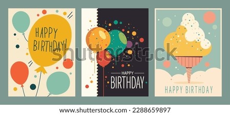 Set of three Happy Birthday Greeting Cards. Vector illustration isolated on a neutral background. Minimalist design