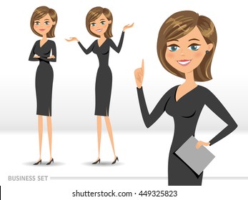 Set of three happy business women wearing elegant black dress making presentation. Girl pointing finger away isolated on white background. Vector illustration of isolated  business lady.