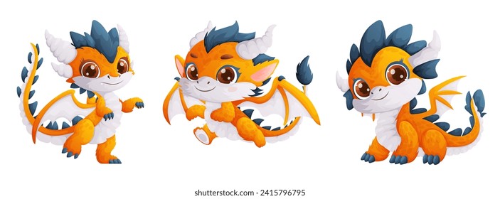 Set of three happy and cute yellow dragons. A small dragon with wings and blue spikes on its body. Symbol of the year. Cartoon style