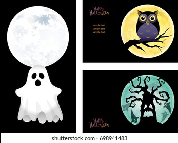 A set of three Happy Halloween vector illustrations with a ghost, an owl bats, and a haunted tree. 