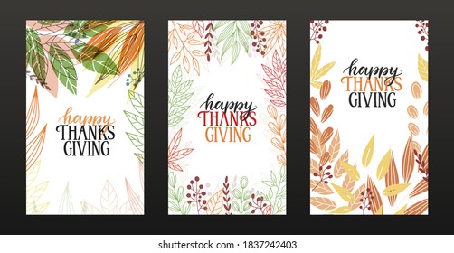 Set of three Happy Thanksgiving greeting cards. Happy thanksgiving hand sketched lettering on colorful autumn leaves background.