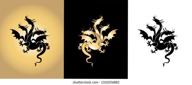 Set of three heads dragons on white, black and gold background 