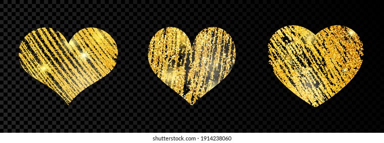 Set of three heart with goldens glittering scribble paint on dark transparent background. Background with gold sparkles and glitter effect. Empty space for your text. Vector illustration