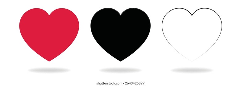 Set of three heart icons in red, black, and outline style with shadow.