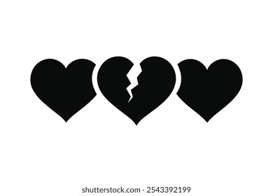 A set of three heart icons, whole, broken and healed silhouette black vector art illustration.