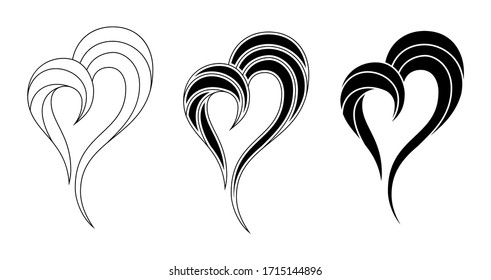 Set of three heart logos. Love symbols, isolated on white background. St. Valentine sign. Design element. Vector monochrome illustration.