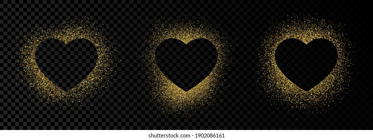 Set of three heart shape frames with golden glitter on dark transparent  background. Greeting card with empty dark background. Vector illustration.