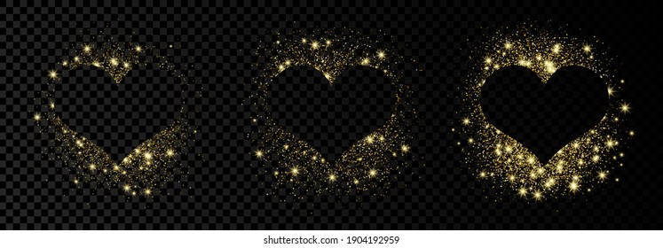 Set of three heart shape frames with golden glitter on dark transparent  background. Greeting card with empty dark background. Vector illustration.