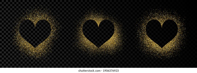 Set of three heart shape frames with golden glitter on dark transparent  background. Greeting card with empty dark background. Vector illustration.