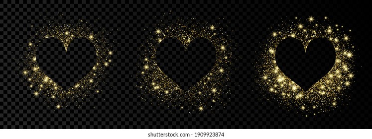 Set Of Three Heart Shape Frames With Golden Glitter On Dark Transparent  Background. Greeting Card With Empty Dark Background. Vector Illustration.