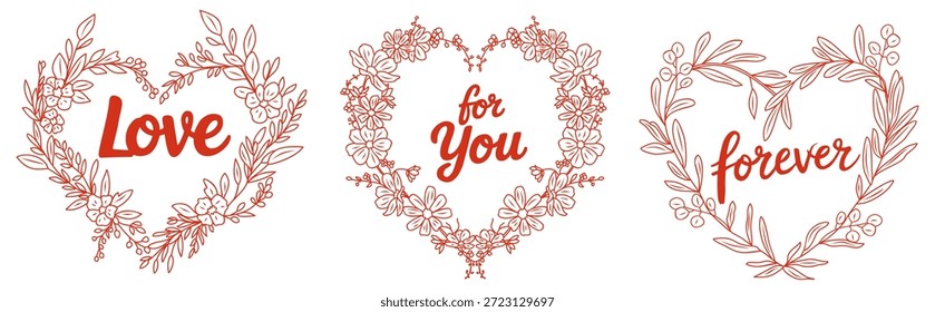 Conjunto de tres coronas florales en forma de corazón con texto escrito a mano romántico. Ilustración vectorial minimalista del arte de la línea aislada en un fondo blanco limpio.