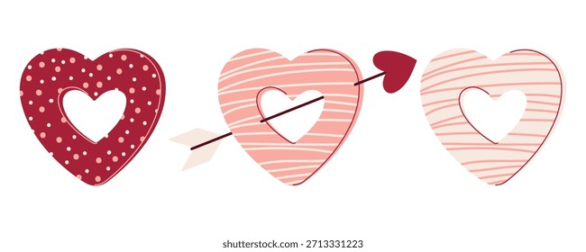 Set von drei herzförmigen Lebkuchen Kekse, romantische Clipart für Valentinstag