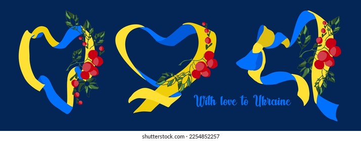 Set of three hearts. With love to Ukraine. Valentine card. Happy weekend. Declaration of love. Traditional Ukrainian symbols: yellow-blue ribbon and red viburnum