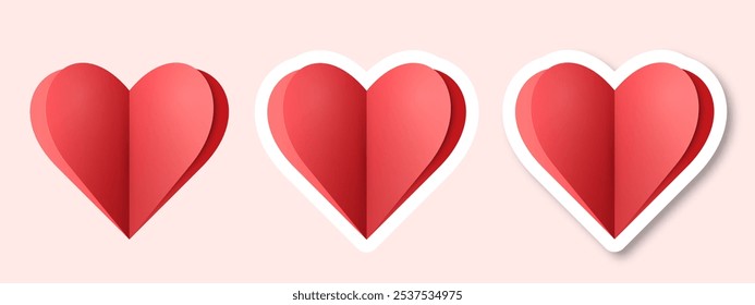 A set of three hearts on a pink background. Red heart stickers. The concept of February 14th. Vector illustration.