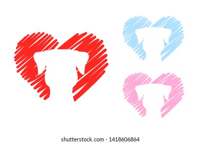 Set of three hearts in red, blue and pink colors with pets. hand drawn hearts with animal silhouette inside. Vector hearts ready for web and print. Dog head logo.