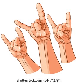 Set of three heavy metal hands (Sign of the horns gesture). Vector Illustration