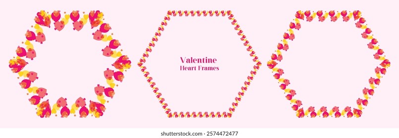 Set of three hexagonal frames decorated with heart-shaped elements in pink and yellow. Ideal for framing text, photographs, or other creative design elements. Versatile design suitable for Valentine.