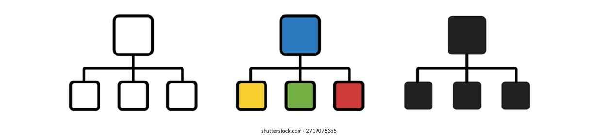 A set of three hierarchical diagram illustrations in different styles: outline, filled color, and solid black.