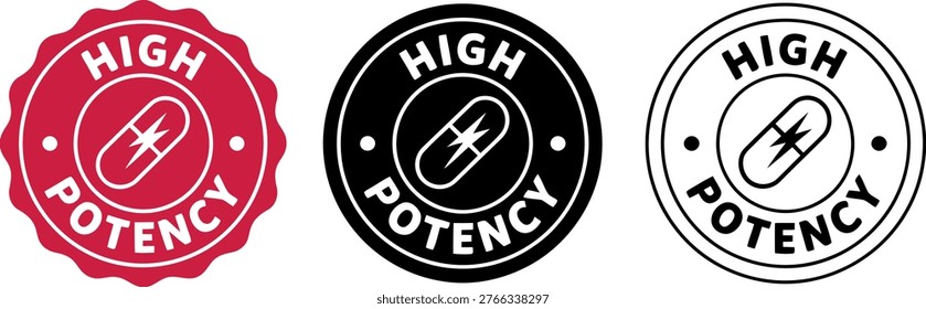 Set of three high potency badge icons with capsule graphic in red, black, and outline style on white background.