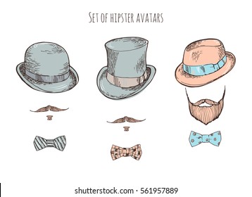 Set of three hipster avatars. Hand-drawn vector illustration.