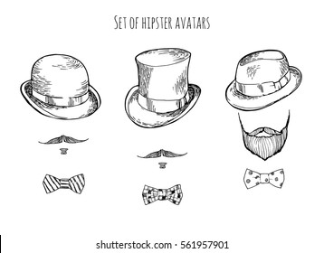 Set of three hipster avatars. Hand-drawn vector illustration.