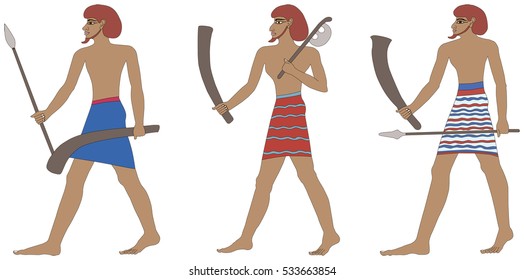 A set of three historic Egyptian soldiers. Warriors of Pharaonic times. Isolated on white background.
