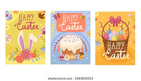 Set of three holiday cards, posters templates for Easter holiday. Bright cartoon cards with lettering. Basket with eggs, festive Easter cake and bunny ears with flowers, vector illustration