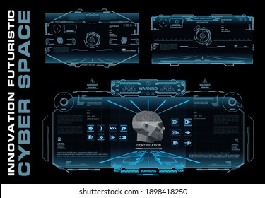 Set of three holographic digital user interfaces with dashboards and elements of varying complexity. Futuristic cyber space with HUD elements