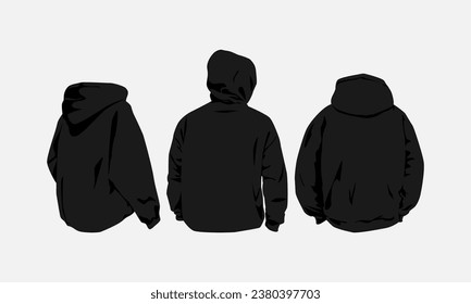 set of three hoodies in black color. back view. flat vector illustration style.