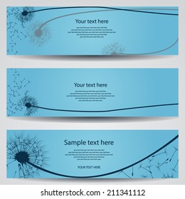 set of three horizontal banner with silhouette of dandelion on a light blue background