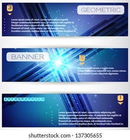 Set of three horizontal banners. Abstract glowing figure, stars, sparkles. Elements of infographics, space for your text.