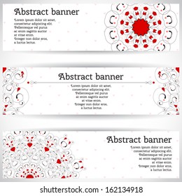 Set of three horizontal banners. Abstract pattern with curls and hearts. Place for your text.