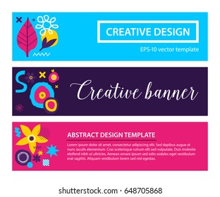 Set of three horizontal banners with abstract hand drawn elements. Useful for advertising and graphic design.
