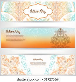 Set of three horizontal banners. Autumn tree in the rain and decorative leaves, birds and soil on a bright colored background. Place for your text.